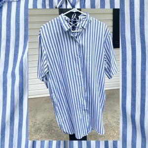 Zara blue striped button down top tunic with lace-up detail. Size M.